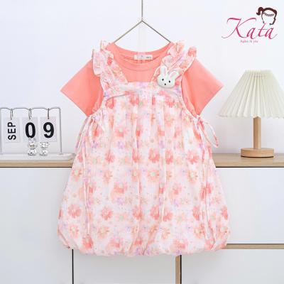 Đầm yếm bí vải hoa phối áo thun đính thỏ bông - D115