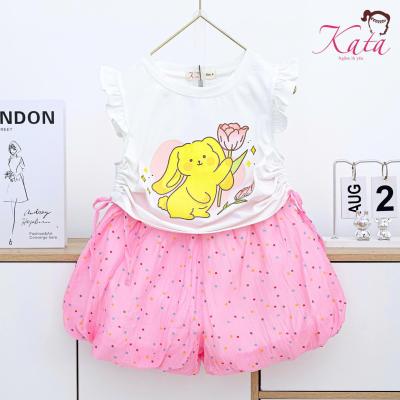 Bộ bé gái Kata quần chấm bi áo tay tiên dây rút eo in thỏ - BG115