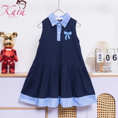 Đầm thun bé gái Kata xếp ly phối caro thêu nơ - D99