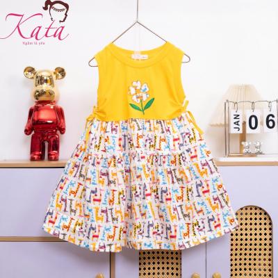 Đầm thun bé gái Kata phối vải họa tiết dây rút eo thêu hoa - D99